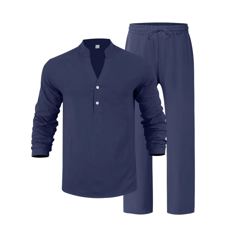 Autumn New Men Suit Style Loose Casual Breathable Henley Shirt with Straight-Leg Pants.