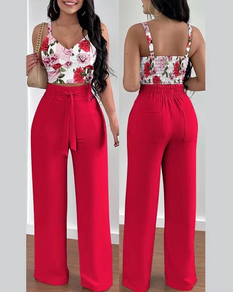 2 Piece Outfits For Women 2025 Sexy V-Neck Strap Shirred Slim Crop Top & Lace-up Wide Leg Pants Sets.