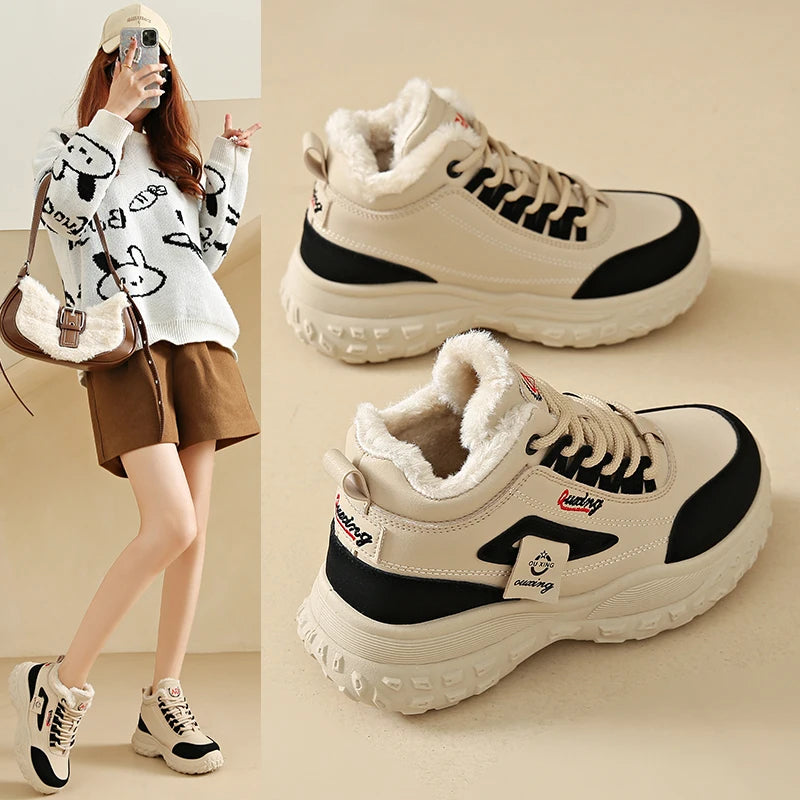 Winter high-top cotton shoes with fleece for women, outdoor casual sports, slip-resistant and durable.
