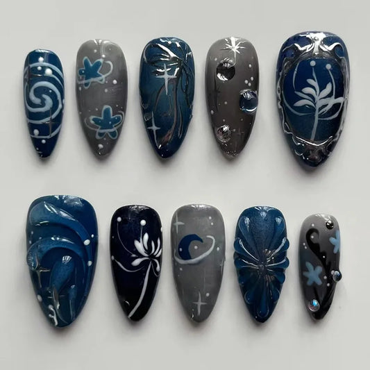 24Pcs Mid-length Almond Press on Fake Nails,3D Ripple Heart ,Pearl Star, Blue Smudge Detachable Full Cover Nails Tips.
