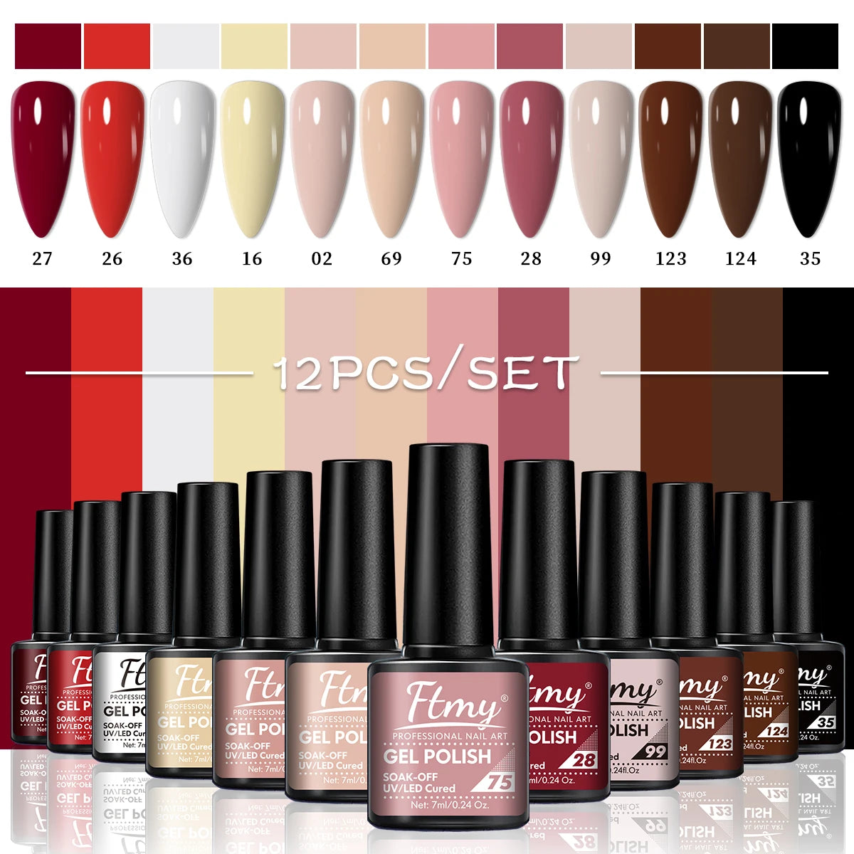 12-pack Solid Color Gel Nail Polish Set, New Autumn/Winter Collection, featuring minimalist classic colors, high-saturation.