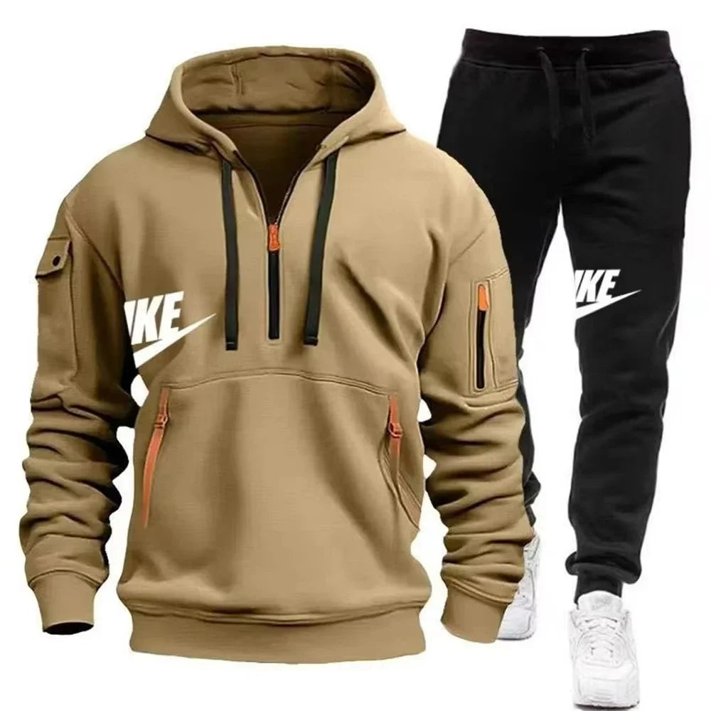 2025 New men's autumn and winter zipper hoodie + trousers casual sportswear.