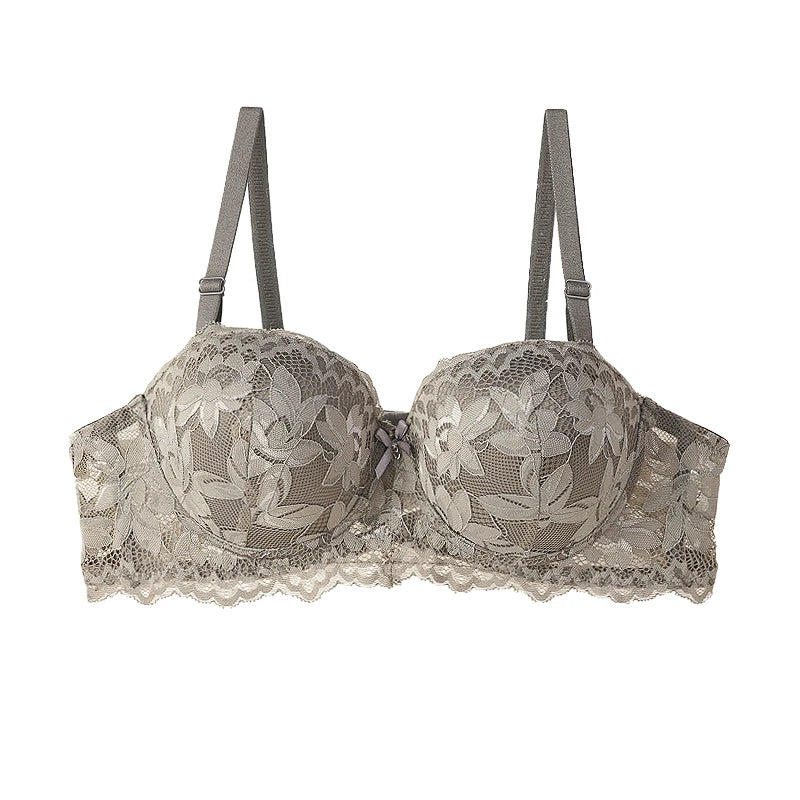 Women's Push Up Half Cup Bras, French Lace Floral Thicken Bottom, Gathered Underwire 36-42 Cup Soft Underwear.