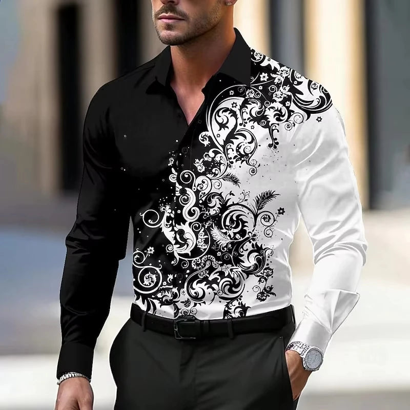 Men Stylish Red Floral Print Dress Shirt - Casual Long Sleeve Button-Up Design.