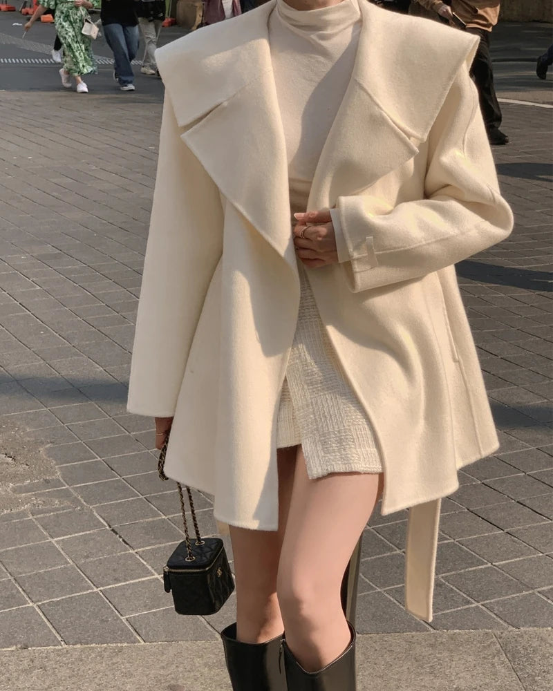 Winter Wool Coat Women, Chic Navy Collar, Belted Waist