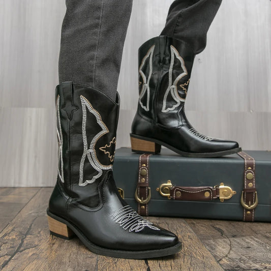 Quality Men Denim Boots Embroidered Western Boots Anti Slip, Riding Boots.