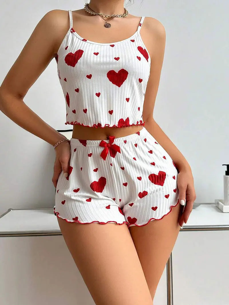 2 Pieces Set Women Pajama Shorts Sexy Camisoles Sleepwear.