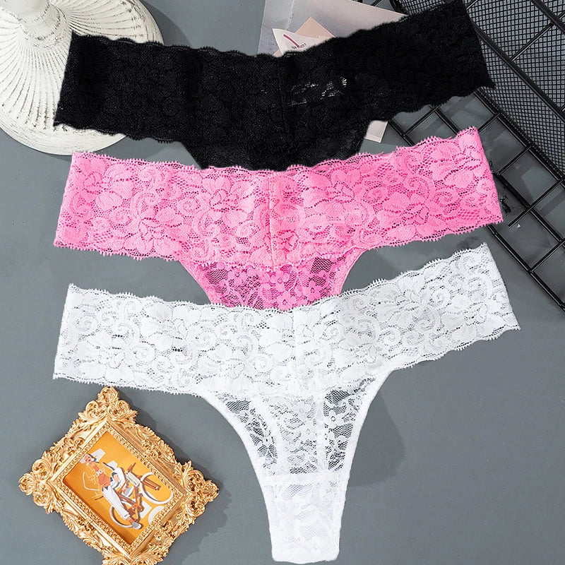 3PCS Lace Floral Women Panties ,Low Waist Breathable Briefs Female Thong Underwear M-2XL Sexy G-String Transparent Panty.