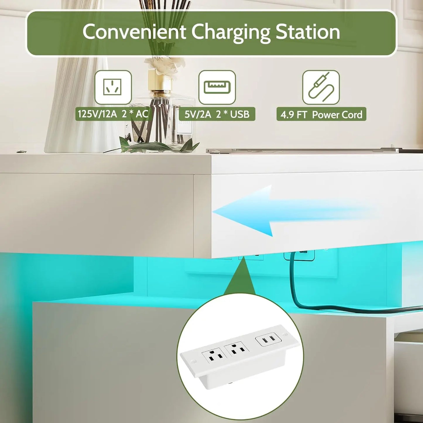 Modern 6-Drawer Dresser, White Storage Cabinet with LED Lights.