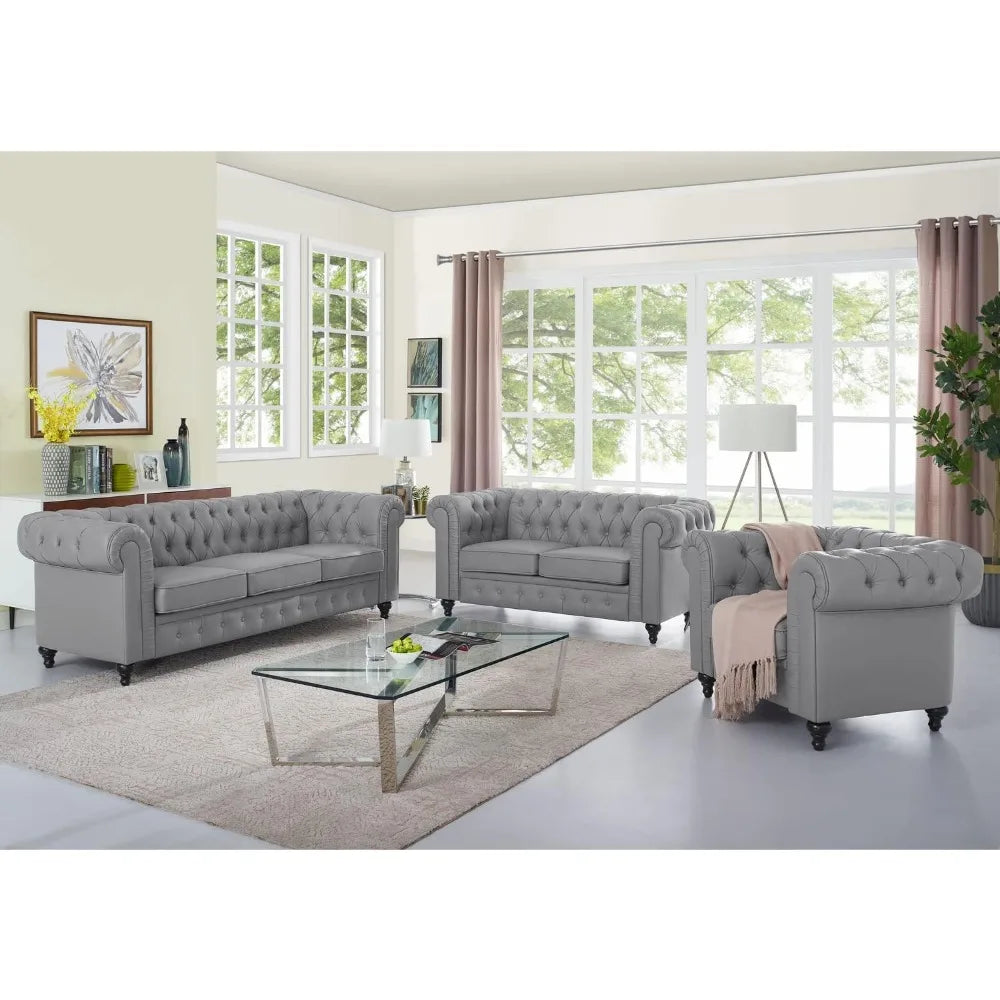 Chesterfield Sofa Set 3 Piece Living Room Set, Modern Furniture Leather Sofa Couches.