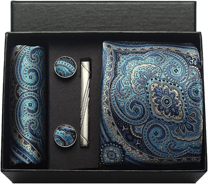 100% Silk Necktie Paisley Floral Men Business Tie, Pocket Square ,Tie Clip ,Cufflinks Set  Gift Box.