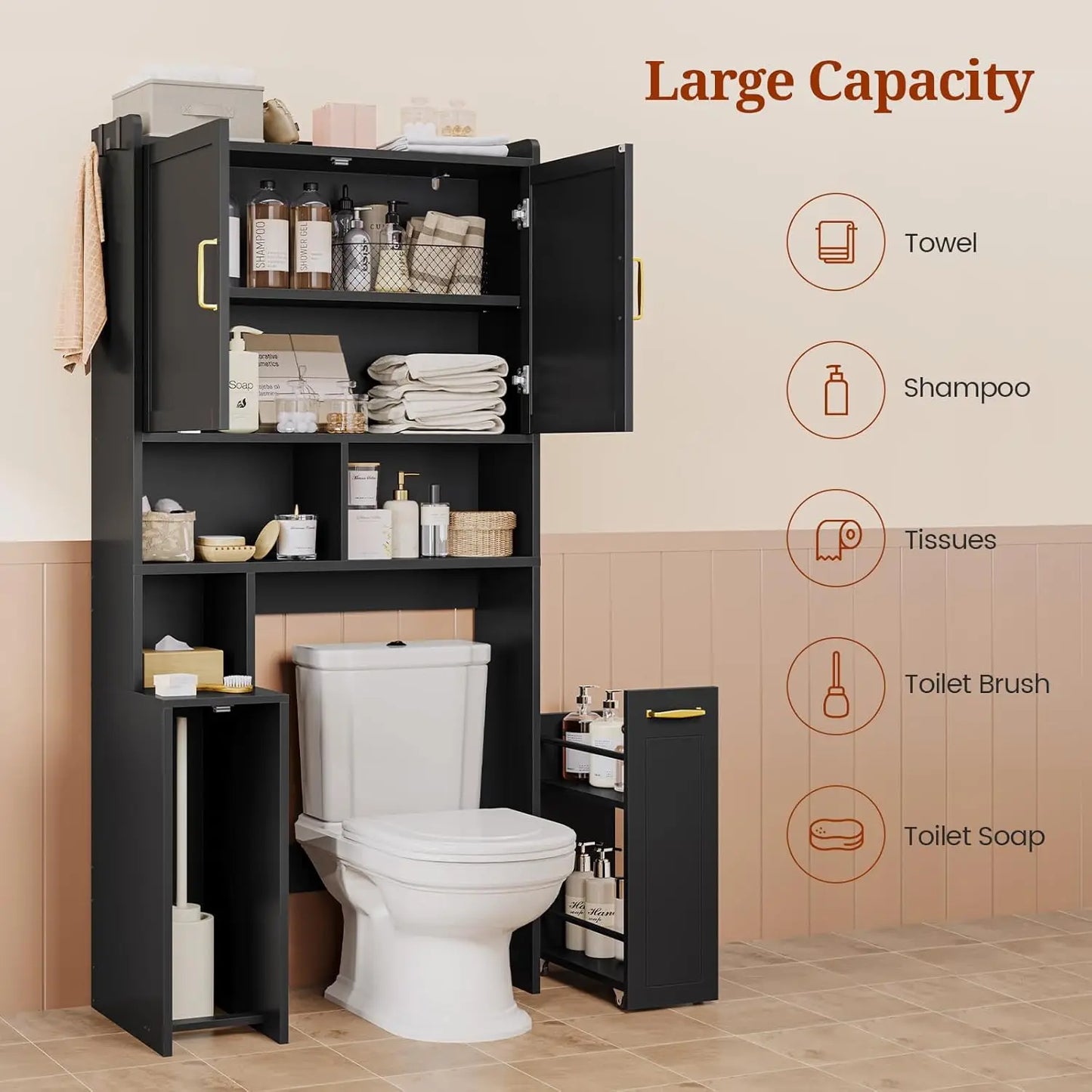 Over The Toilet Storage Cabinet with Pulley, Small Bathroom Storage Cabinet.