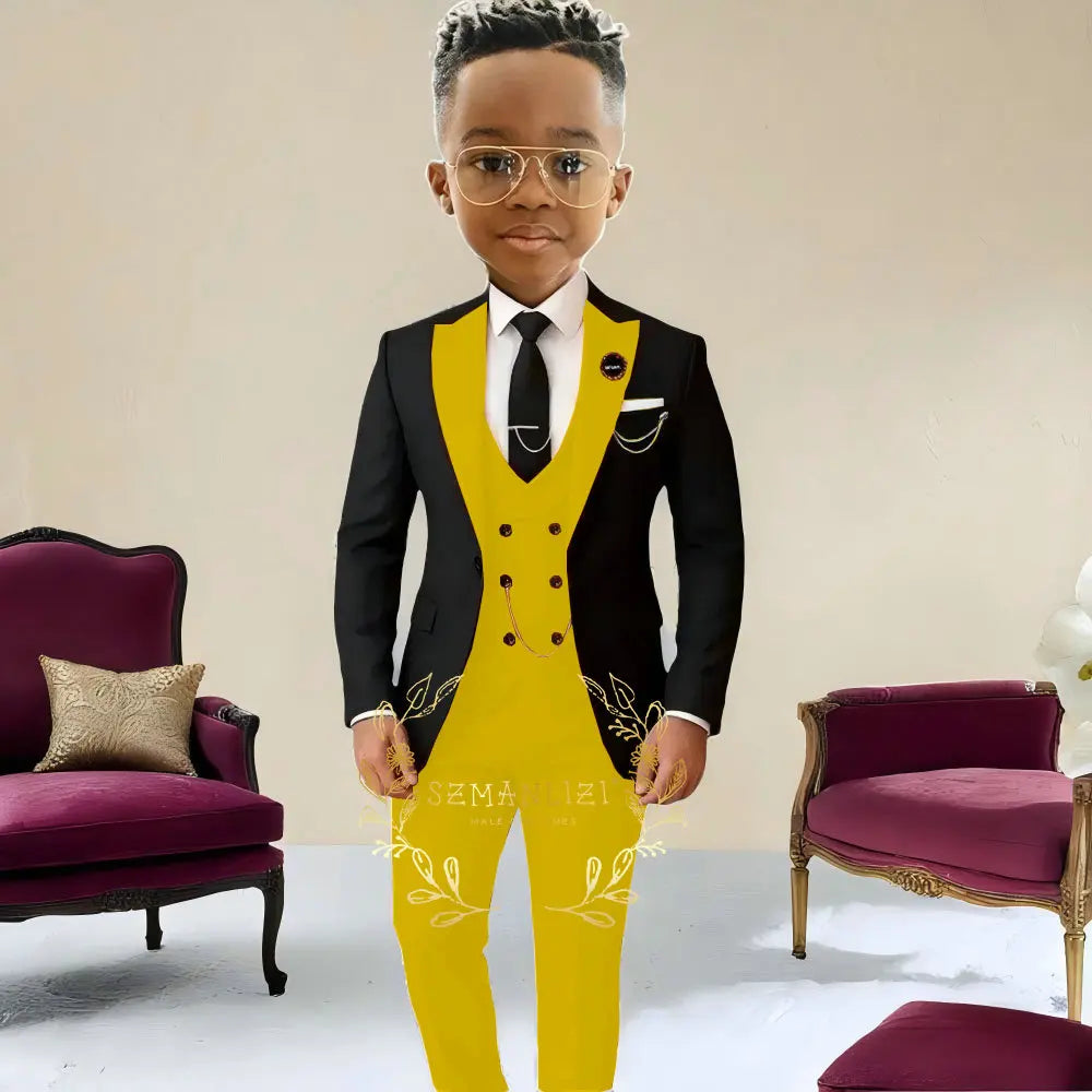 Boys Suit , Tuxedo Black Jacket, Beige Pants ,Vest 3 Pieces Set Kids 2-16 Years Old.