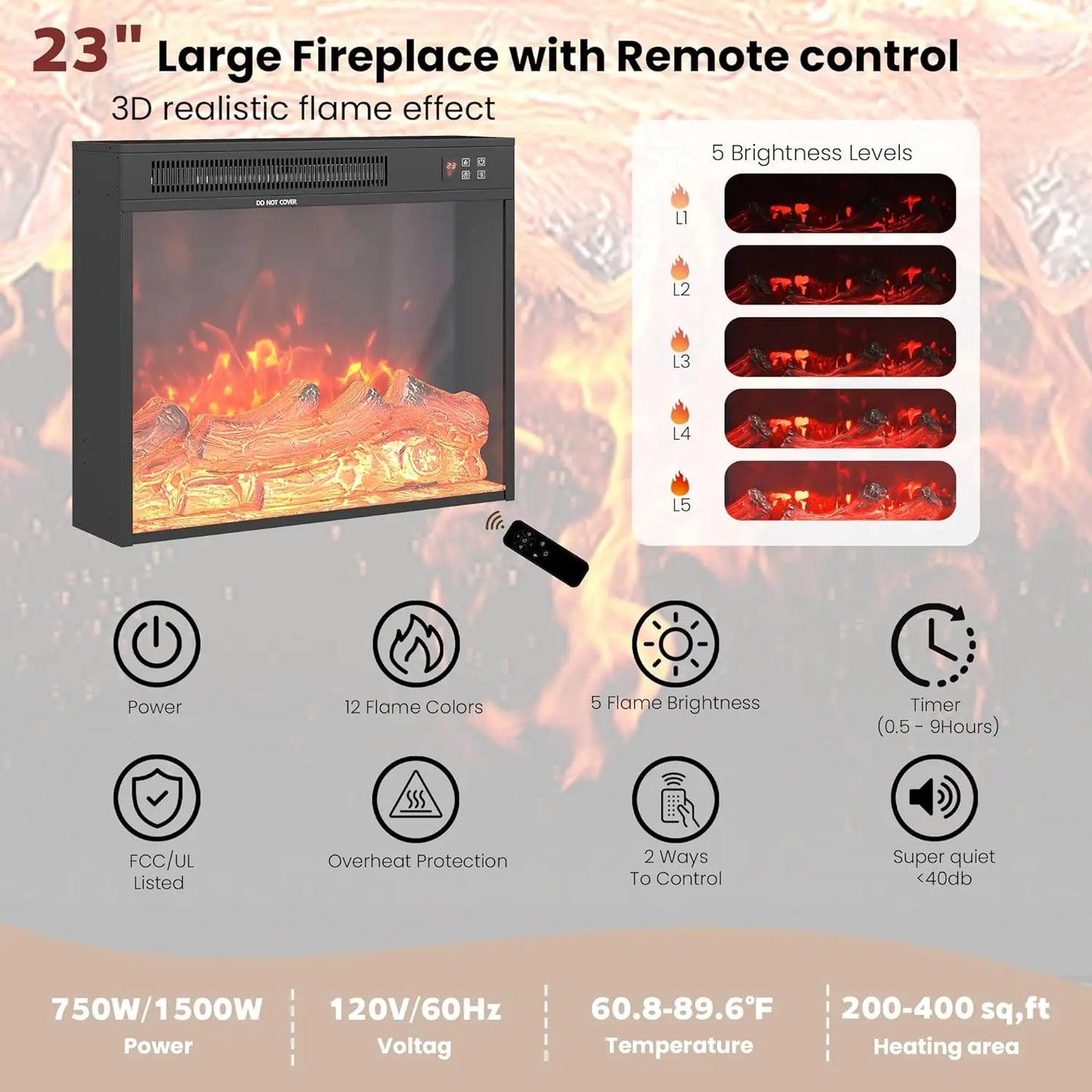 Fireplace TV Stand for Living Room, Farmhouse Entertainment Center with 23" Electric Fireplace for TVs UP to 65",, Customized.