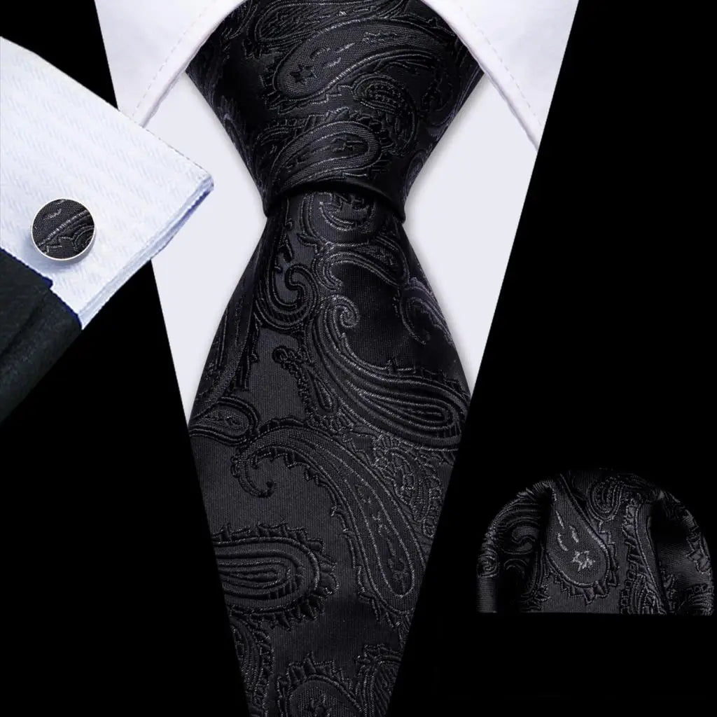 Black White Gray Silver Men Tie Handkerchief Cufflinks Set.
