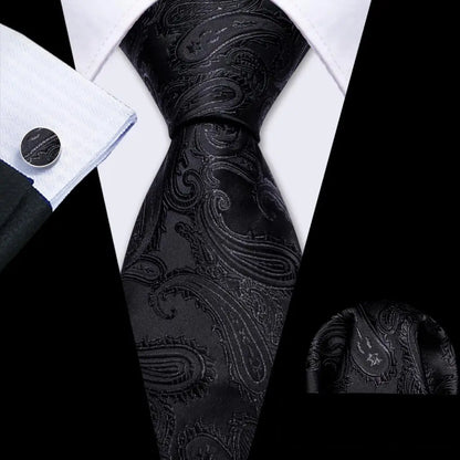 Black White Gray Silver Men Tie Handkerchief Cufflinks Set.