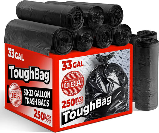 Heavy Duty 30-33 Gallon Trash Bags, 32 x 38" Black Garbage Bags (250 Count) - Made in USA.