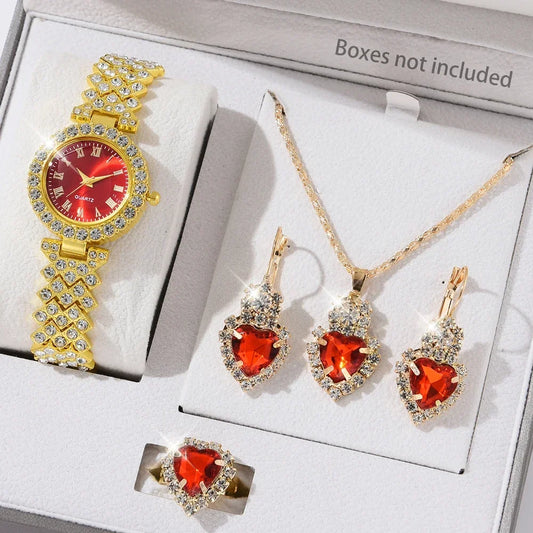 5Pcs Golden Luxury Watch Women Ring Necklace Earring Rhinestone Jewelry Set.