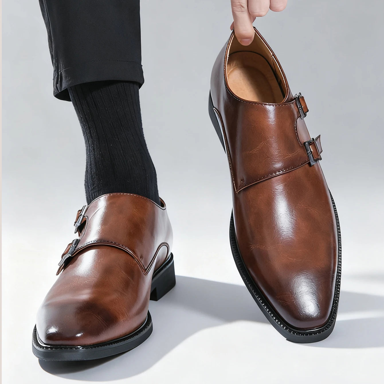 Classic Retro Dress Men Monk Leather Shoes, With Pointed Toe Buckle Business ,Office, Wedding, Oxfords Shoes.