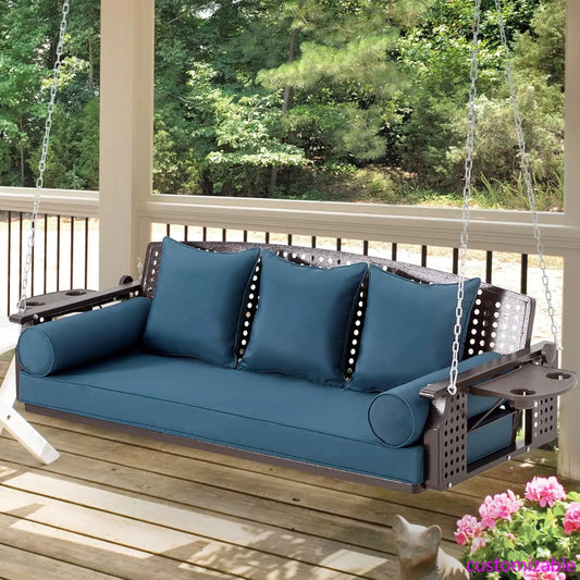 3 Seat Porch Swing, Patio Swing Bench with Cup Holders & 3 Back Cushions.