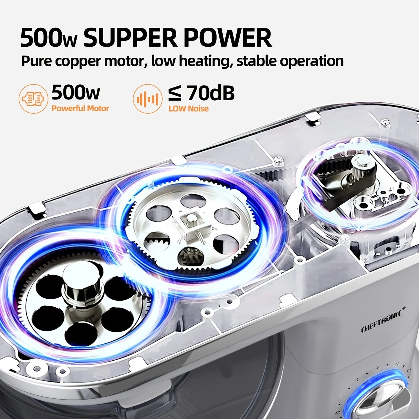 CHEFTRONIC Stand Mixer, 5.5QT Tilt-Head Electric  processors - 500W 6+P Speed.