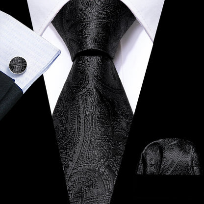 Black White Gray Silver Men Tie Handkerchief Cufflinks Set.