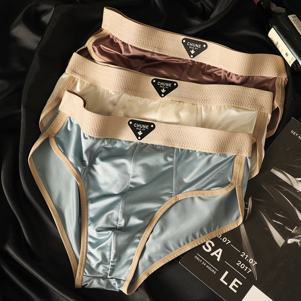 3PCS/Pack Luxury Satin-like Men Briefs, Ice Silk Hygroscopic Breathable Mesh Crotch High Elastic Men Underwear.