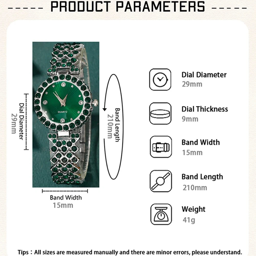 Women Fashion Watches Heart Rhinestone, Ring ,Necklace ,Earring  Jewelry Set.