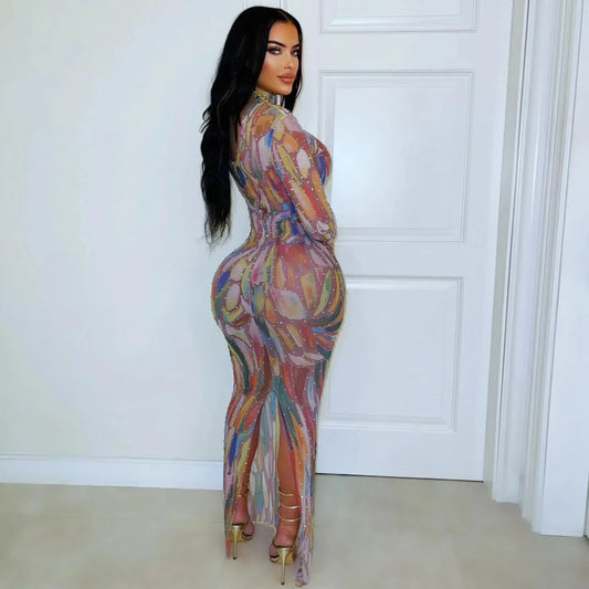 Designer Performance Outfit, Long Sleeve Water-Media Net, Diamond-Heated Sexy High-Elastic Birthday, Dance, Party Gown.