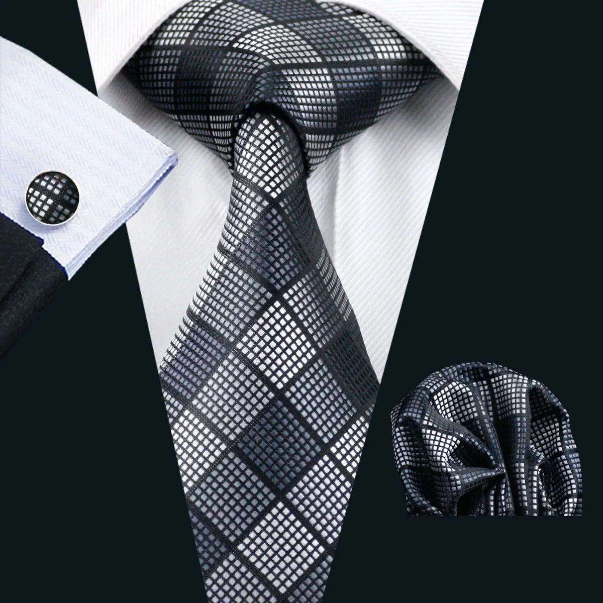 Black White Gray Silver Men Tie Handkerchief Cufflinks Set.