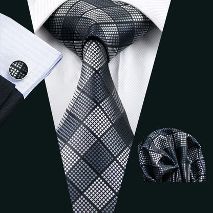 Black White Gray Silver Men Tie Handkerchief Cufflinks Set.