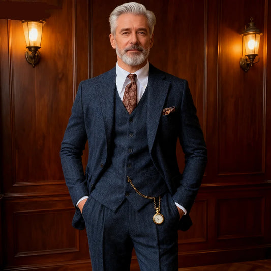 Elegant 3-Piece Men Tweed Formal Banquet Spineless Men Suit.