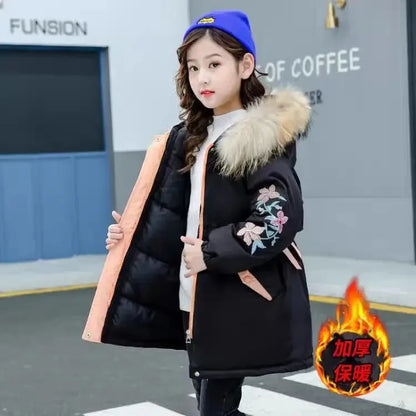 Warm Jackets for Girls Two Colors, Faux Fur Hooded Coat , White Duck Down Parkas