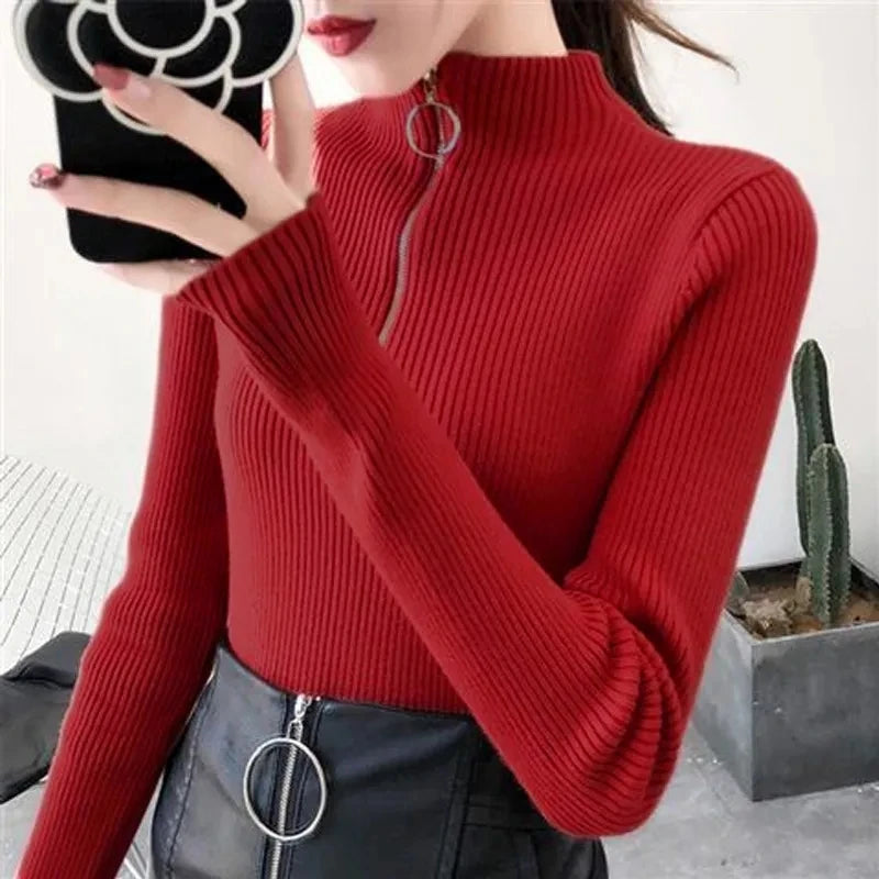 Knitted Women Zipper Half High Neck Sweater Solid Knitwear.