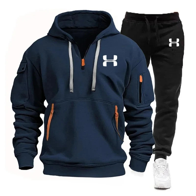 Men autumn and winter new zipper long sleeved hooded sweatshirt, sports and casual pants, two-piece fitness jogging suit.