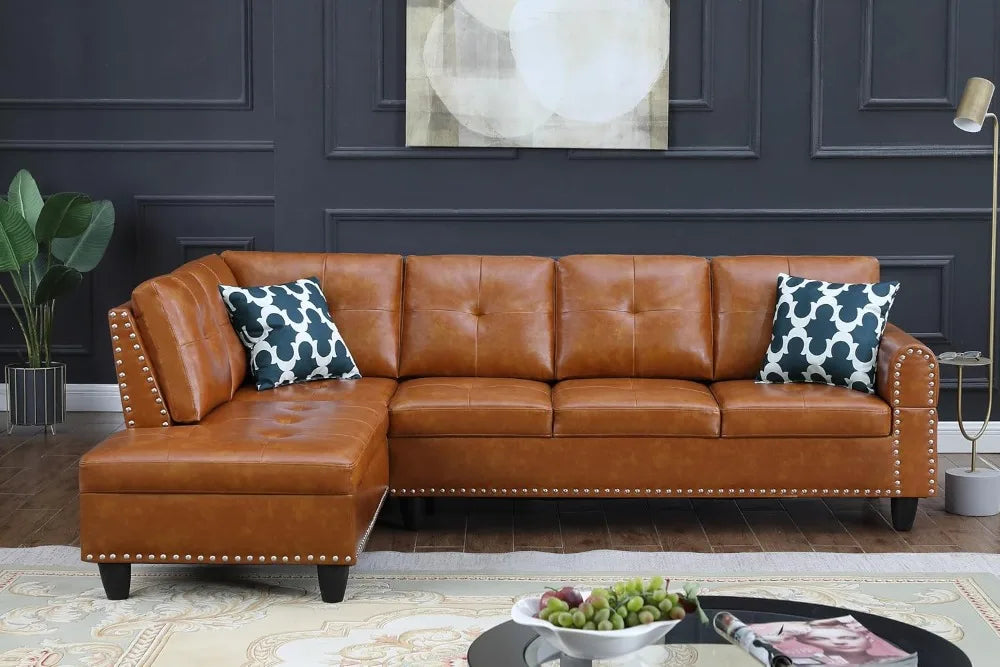 98" L-Shaped Sectional Sofa with Chaise, Cup Holders & Coffee Table.