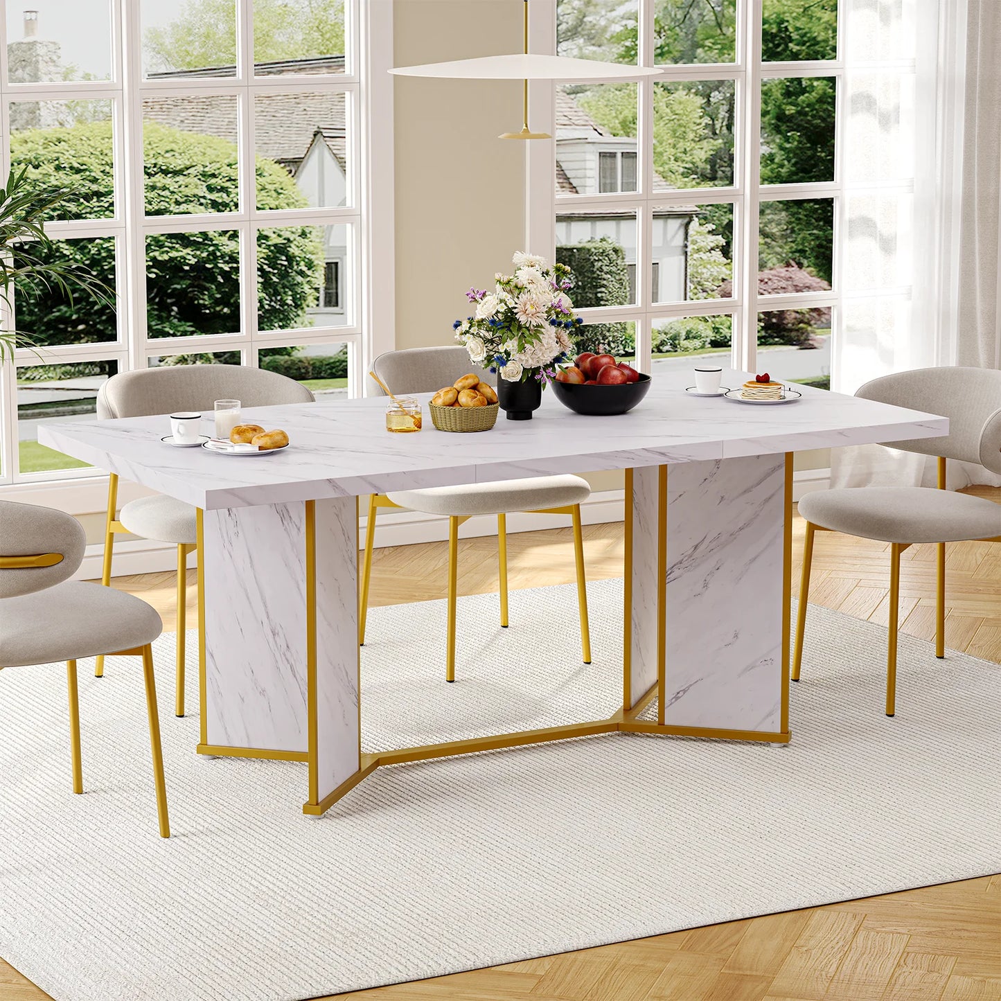 71 Inch Rectangular Dining Table for 6 to 8 People,  Marble  Kitchen Table Gold.
