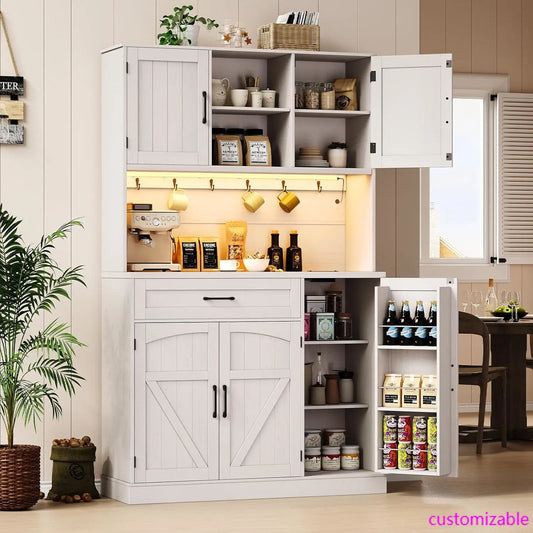 71" Kitchen Pantry Cabinet w/ LED Light & Outlet - Hutch w/Microwave Shelf, 6 Hooks, Door Storage, Drawer & Shelves.