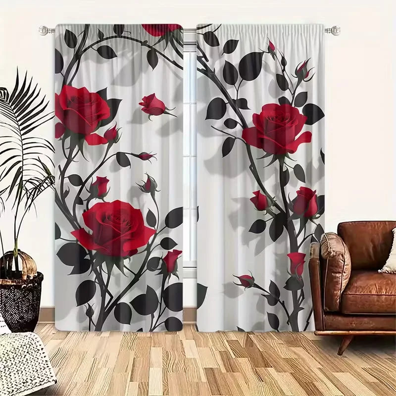 2pcs Elegant Red Rose & Black Leaf Pattern Curtains, Designed for Light Blocking.