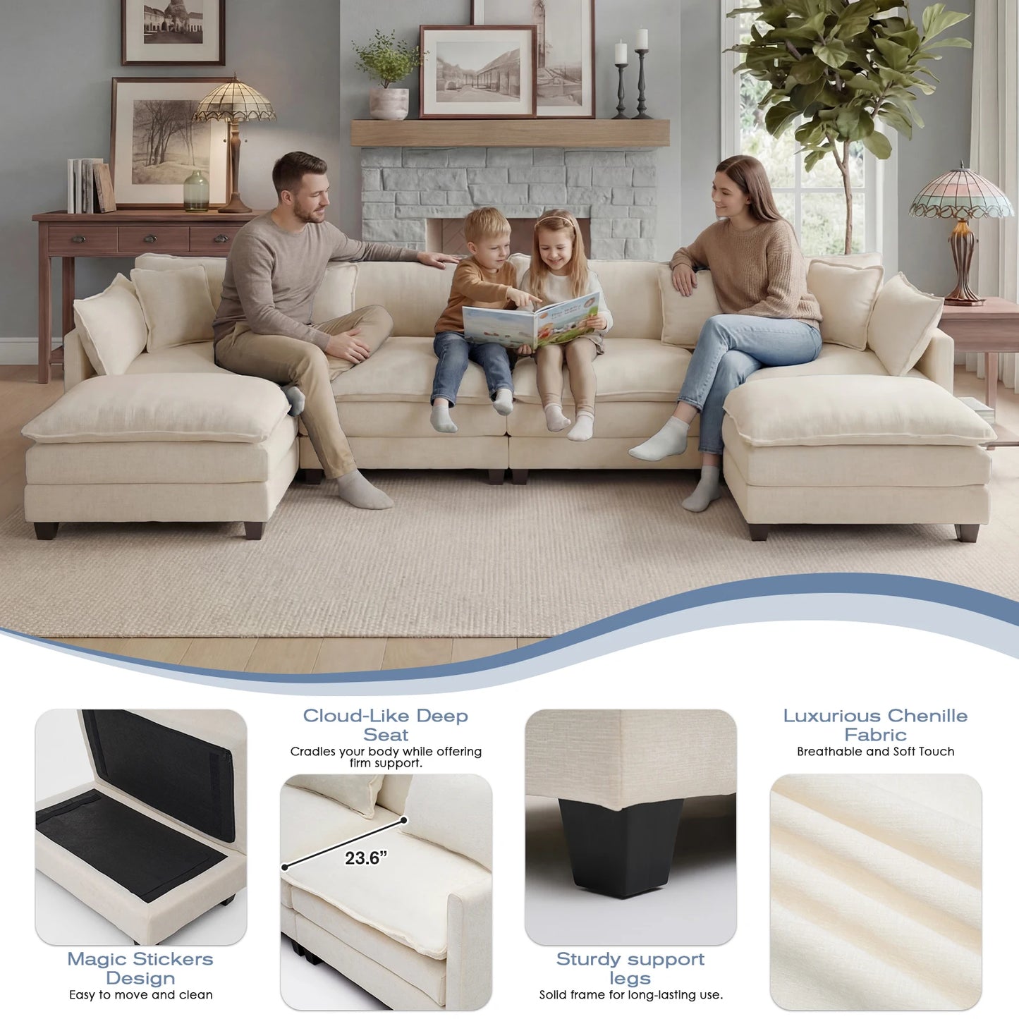 Redlife 113.4" Modular Sectional Sofa with Ottoman, Comfy Cloud Couch with Deep Seat (23.6" D), Solid Wood Frame, for Living Room.