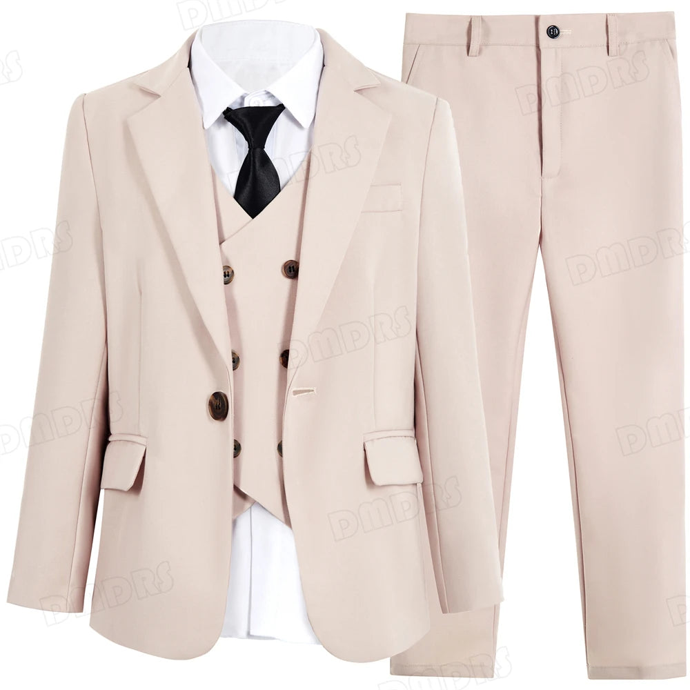 High Quality Kids Suit Set, 4-Piece Slim Fitting  Jacket, Pants, Vest, Bowtie, One Button Communion Kids Suits.