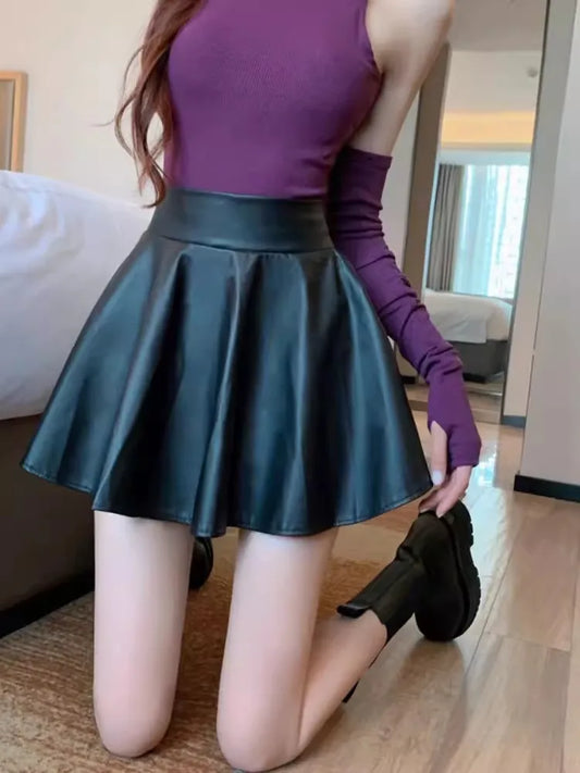 Multipurpose Elastic Mini Short Skirt, Women Faux Leather Skirts High Waist For Skater Work Nightclub.