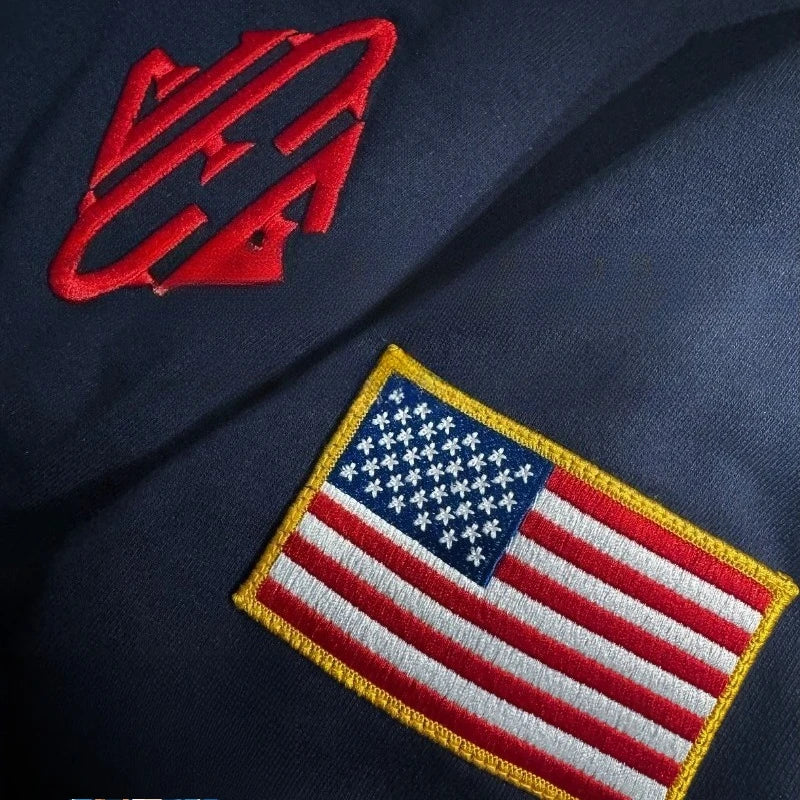 Y2K Retro Quarter zip Pullover Hoodie, Epstein Embroidery Pattern Sweatshirt, American Vintage Casual Streetwear.