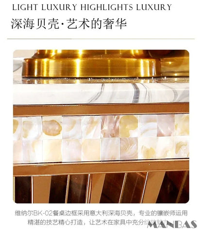 Luxury Dining Set: 6 Stainless Steel Genuine Leather, Rectangle Marble  Table