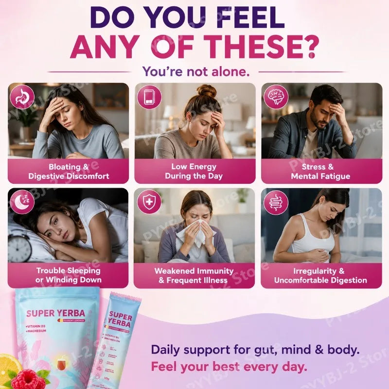 Yerba Instant Powder 30 Packets, Contain Raspberry Lemonade Flavor, Vitamin D3 Prebiotics Support Gut Clean and Provide Energy.