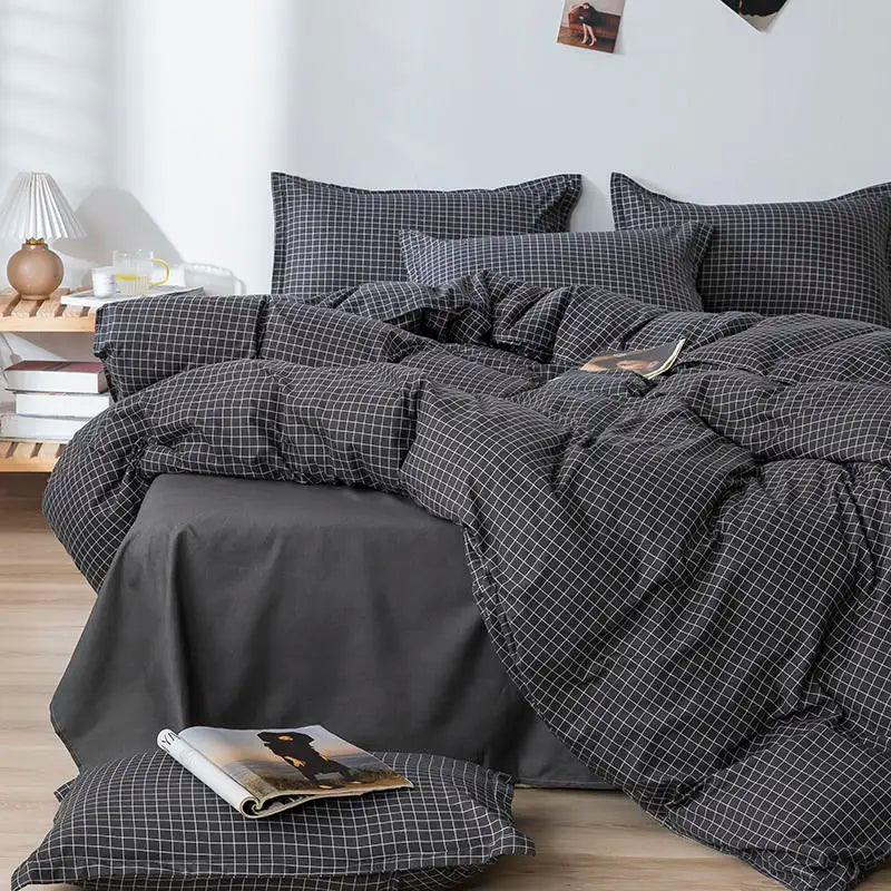 Queen Size Bedding Set, White Color, Black Plaid Microfiber, King Size Bed Linen