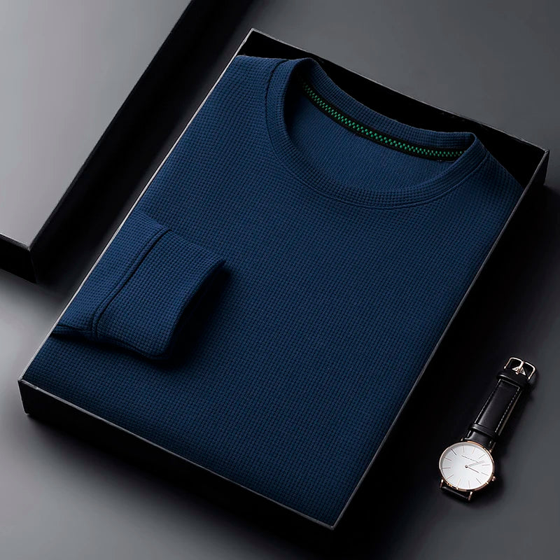 Men Casual Waffle Round Neck T-shirt Breathable, Comfortable, and Fashionable Long Sleeved T-shirt.