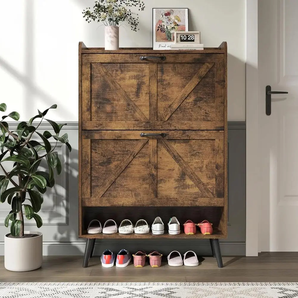 Rustic Brown Slim Shoe Cabinet with 2 Flip Drawers and Wooden Legs for Entryway Storage