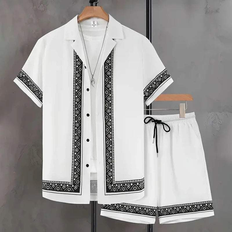 New Men Summer Holiday Suit Textured Printed Shirt Short Sleeve, Two Piece Men Breathable Pool Suit.