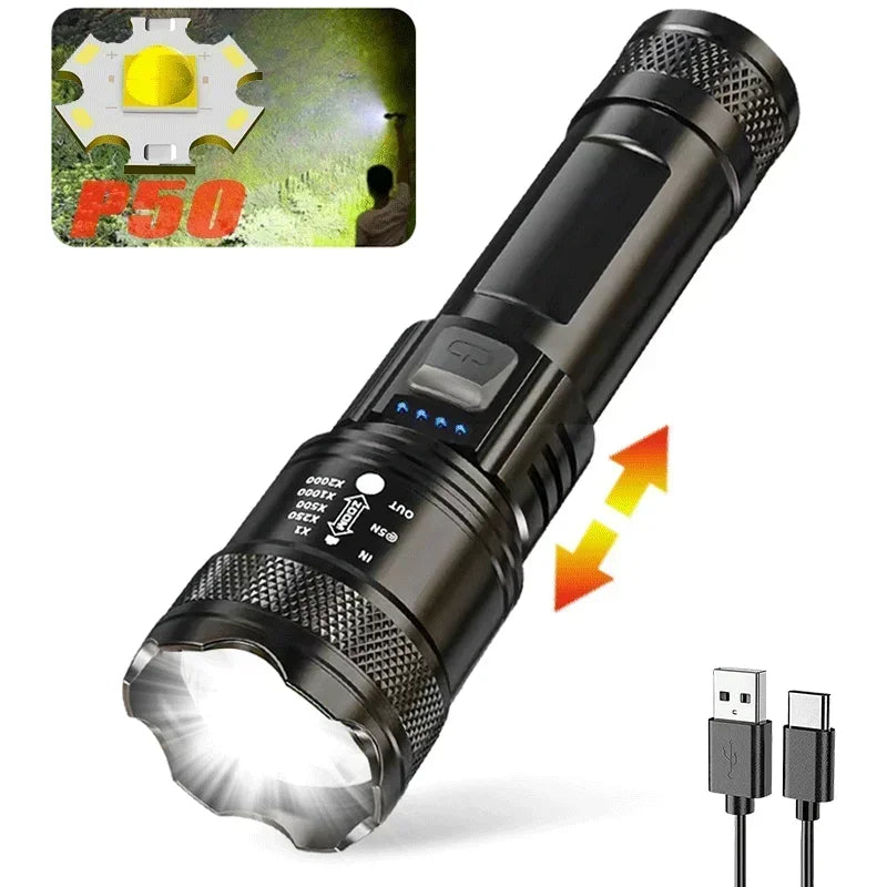 Ultra Bright LED Flashlight Type-C, Rechargeable Long Range Zoom Tactical Head Torch.